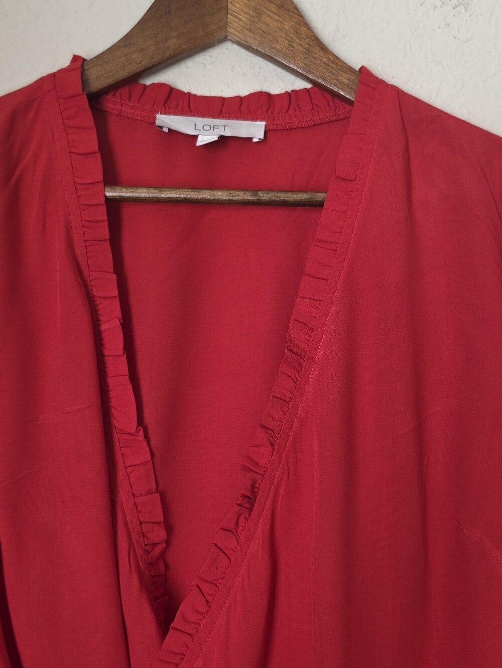 Loft Wrap Front Blouse Womens Size XS Red Ruffle Neck Cottagecore Whimsigoth - Picture 6 of 8